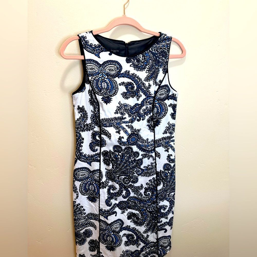 🌸 Talbots Black White & Blue Lined Sheath Dress Size 8 Petite